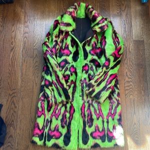 Guess Black Pink and Green Faux Fur Reversible Coat NWOT